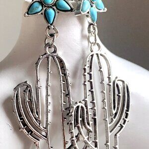 2 5/8"L Fun Southwestern Silver Cactus Outline Turquoise Beaded Flower Earrings
